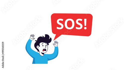 A panicked cartoon man with his hands up in alarm, with a red speech bubble shouting 'SOS!' for emergency help.