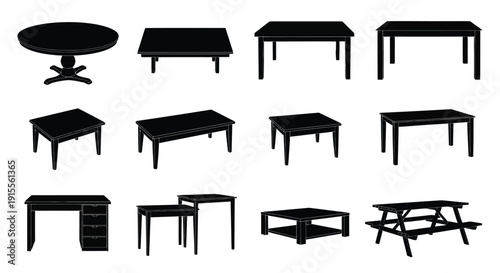 Black silhouettes of various tables and furniture arranged in rows
