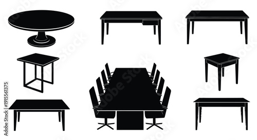 Black silhouettes of various tables and a conference setting