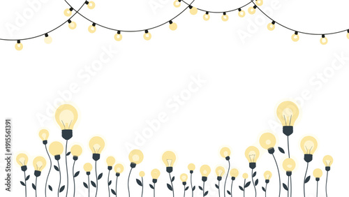 Creative concept illustration with glowing light bulbs growing like flowers from the ground and a string of lights above.