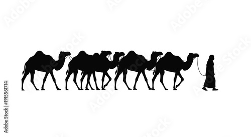 A silhouette of a camel caravan walking across a flat landscape