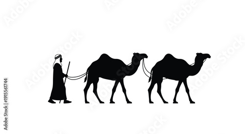 Silhouette of a man leading two camels across a white background