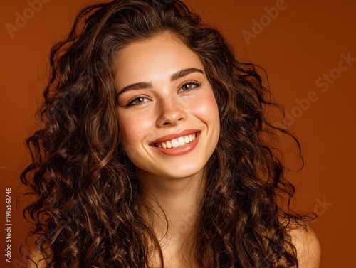 Portrait of a beautiful young woman with long, voluminous, naturally curly brown hair smiling