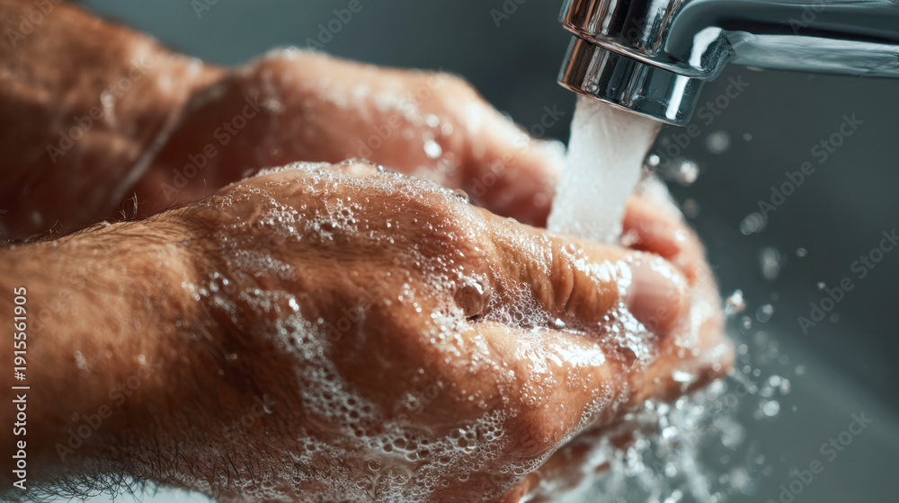 Fototapeta premium Person washing their hands under running water with soap bubbles emphasizing hygiene and cleanliness for health and wellness prevention practices