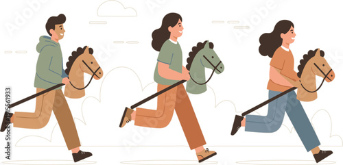 Kids Running with Stick Hobby Horses Illustration for Childhood Play Outdoor Activity Imagination and Creative Playtime Lifestyle Design