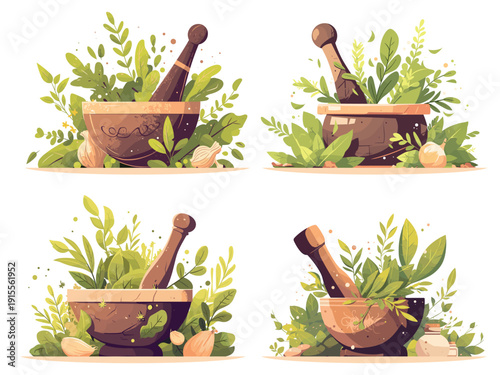 cartoon set of pestle and mortar with herbs and ingredients, kitchen utensils, cooking process, healthy eating, vector illustration