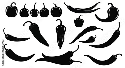 Collection of various black silhouette chili peppers in different shapes