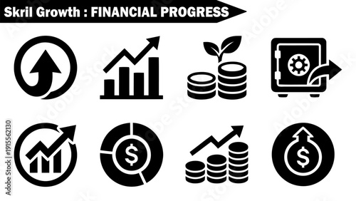 Skrill growth financial progress icon set with bar charts and arrow symbols vector illustration.