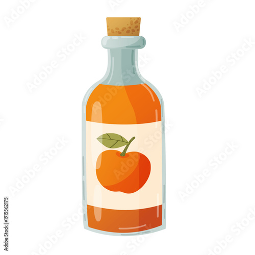 Isolated glass bottle with a cork stopper, filled with orange juice or organic oil, featuring a fruit label. Represents homemade farm products and healthy drinks.