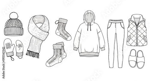 An assortment of winter clothing items including gloves, scarves, boots, and jackets Vector