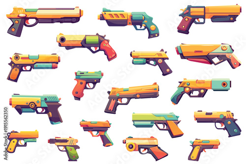 Set of cartoon plastic childrens toy guns, children s entertainment, dummy gun, trigger, weapon, water pistol, bright colors, different shapes and designs, vector illustration