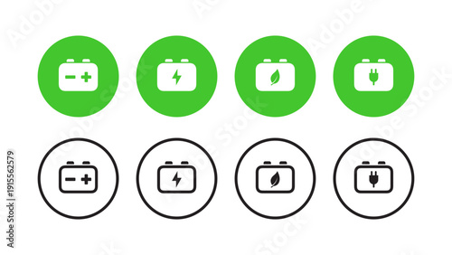 Set of battery icons representing power, energy, eco-friendly, and charging options