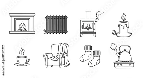 Cozy living room elements including a fireplace, radiator, and comfortable furniture. Vector