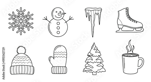A collection of winter-themed icons including snowflakes, a snowman, and ice skates. Vector