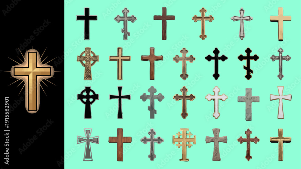 Fototapeta premium Collection of Christian crosses in various styles and materials, vector illustration.