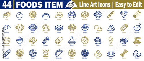 Food item line art icons in blue and gold on a grid vector illustration.