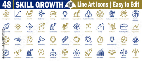 Skill growth line art icons, easy to edit, concept of professional development vector illustration.