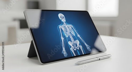 Tablet displaying human skeleton on screen with stylus on white table medical anatomy blue screen