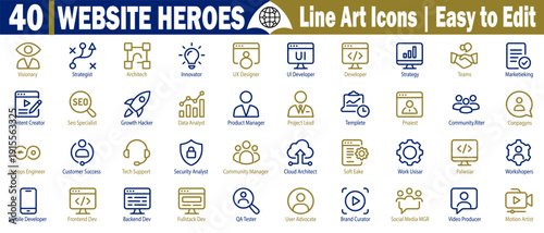Website heroes icons.  Vision strategist, architect, innovator, UI designer, developer, team vector illustration.