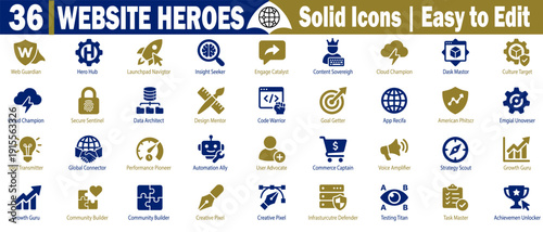 Website heroes solid icons, web icon hero launch insight enable content vector illustration.