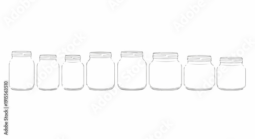Assorted glass jars of varying sizes arranged in a row. Vector