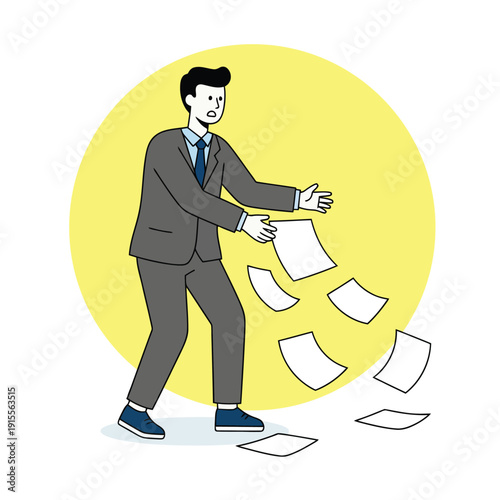 Concept of work overload, administrative failure, and business stress. A professional character losing control of documents. Suitable for insurance, crisis management, and digital transformation topic