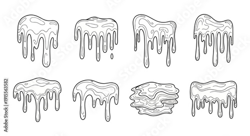 Eight different types of melted ice cream illustrations in a row Vector
