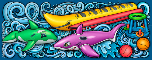 Cartoon cute doodles hand drawn summer beach children's entertainment illustration. Inflatable rings, air mattress vector background. Funny outdoor games artwork.