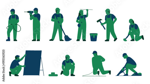 Worker silhouette illustrations in various construction and labor tasks and activities
