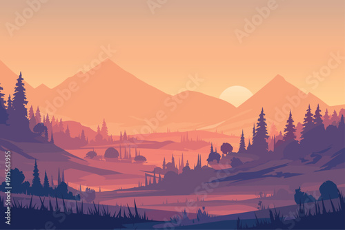 View of the valley at sunrise with mountains in the background, hills with forests and fields, nature concept, rural view, highlands, beautiful panorama, vector illustration