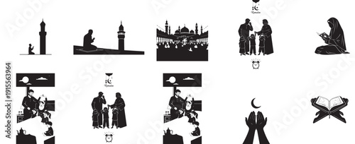 Vector silhouette icons depicting various Islamic traditions including prayer, mosque architecture, community gatherings, and Quran study, isolated on a white background.