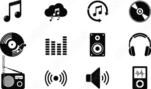 Music and audio line icon set featuring notes, speakers, headphones, radio, equalizer, streaming, and sound control symbols