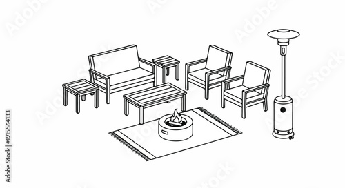 Outdoor patio set with cushioned furniture and heater Vector