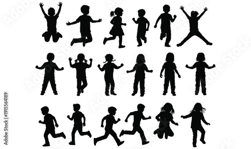 Kids Playing Silhouette Set – Children Running and Jumping Vector Collection
