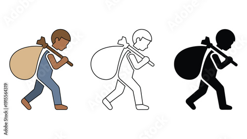 Three stylized figures of a child carrying a large sack over their shoulder, depicting diversity in representation.