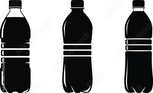 Three black silhouettes of plastic soda bottles with caps on a white background side by side