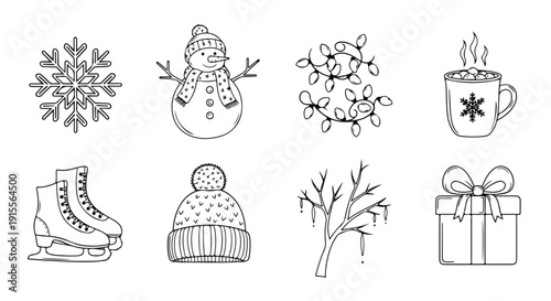 Winter activities and festive symbols illustrated in a charming line art style Vector