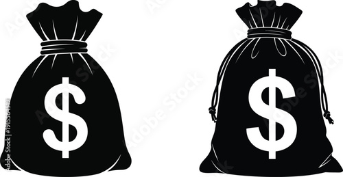 Two black money bags with dollar signs on white background symbolizing wealth and finance