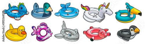 Cartoon set of cute doodle Animals and Birds Inflatable Pool Circles. Summer swimming toys colorful vector funny illustration. Isolated on white background