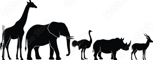 Black Silhouettes of African Safari Animals Including Giraffe Elephant Ostrich Rhinoceros and Gazelle Isolated on White Background for Wildlife Design