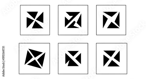 Abstract geometric square logos with rotating triangular shapes and sharp edges