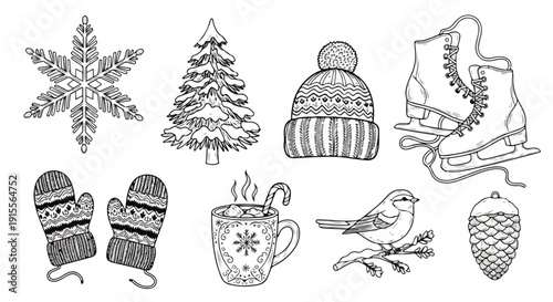 Winter-themed illustrations featuring snowflakes, trees, birds, and cozy accessories Vector