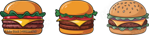 Three cheeseburgers with lettuce tomato and beef patties on a white background fast food illustration