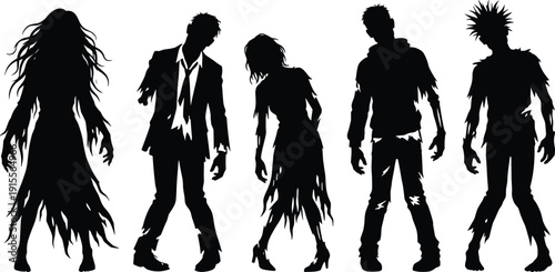 Collection of black zombie silhouettes with tattered clothing standing in spooky poses isolated on white background for halloween horror design