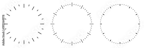 Blank clock face template with hour and minute markers. Analog clock dial with a precise time scale. Collection of clock faces isolated on a transparent background. Vector