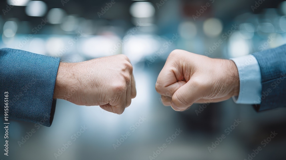 Fototapeta premium Business Collaboration Concept with Two Men Tapping Fists in Modern Office Environment