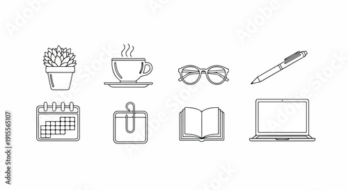 A collection of everyday items and objects commonly found in an office setting Vector