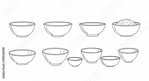 A diverse collection of bowls showcasing various shapes and sizes. Vector