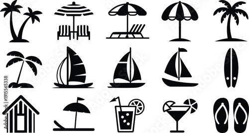 Black beach icons set including palm trees sailboats umbrellas and tropical drinks on white background for summer and vacation themes