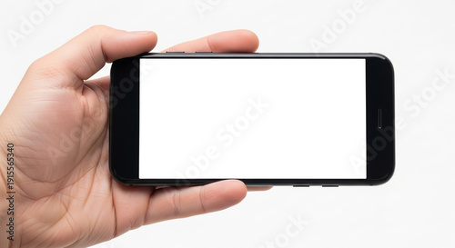 A hand holds a black smartphone horizontally, the blank white screen perfect for displaying content or UI designs.